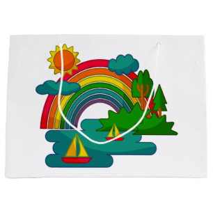 Boat travel landscape under sun clouds and rainbow large gift bag