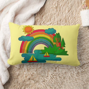 Boat travel landscape under sun clouds and rainbow lumbar cushion
