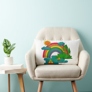Boat travel landscape under sun clouds and rainbow lumbar cushion