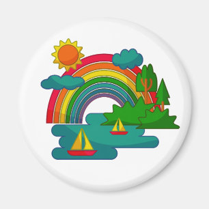 Boat travel landscape under sun clouds and rainbow magnet