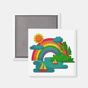 Boat travel landscape under sun clouds and rainbow magnet