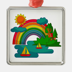 Boat travel landscape under sun clouds and rainbow metal ornament