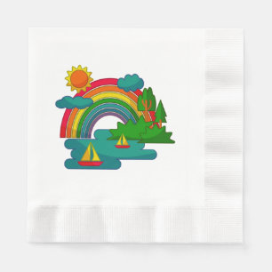 Boat travel landscape under sun clouds and rainbow napkin