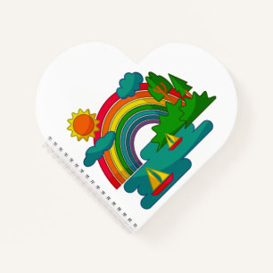 Boat travel landscape under sun clouds and rainbow notebook