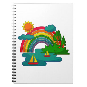 Boat travel landscape under sun clouds and rainbow notebook