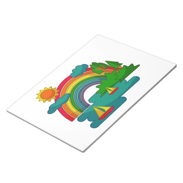 Boat travel landscape under sun clouds and rainbow notepad (Angled)