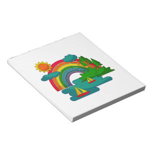 Boat travel landscape under sun clouds and rainbow notepad