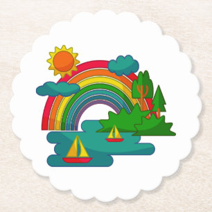 Boat travel landscape under sun clouds and rainbow paper coaster