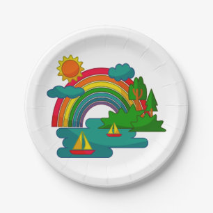 Boat travel landscape under sun clouds and rainbow paper plate