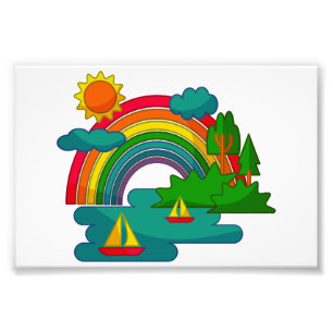 Boat travel landscape under sun clouds and rainbow photo print