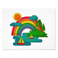 Boat travel landscape under sun clouds and rainbow