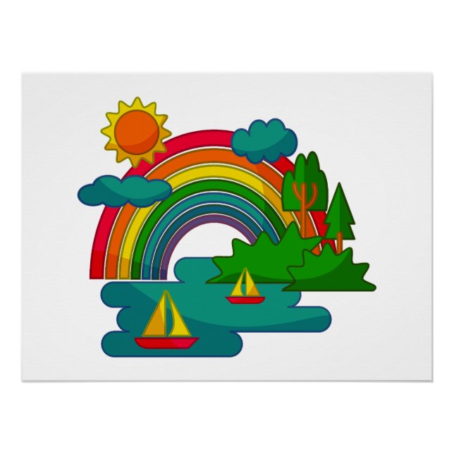Boat travel landscape under sun clouds and rainbow poster (Front)