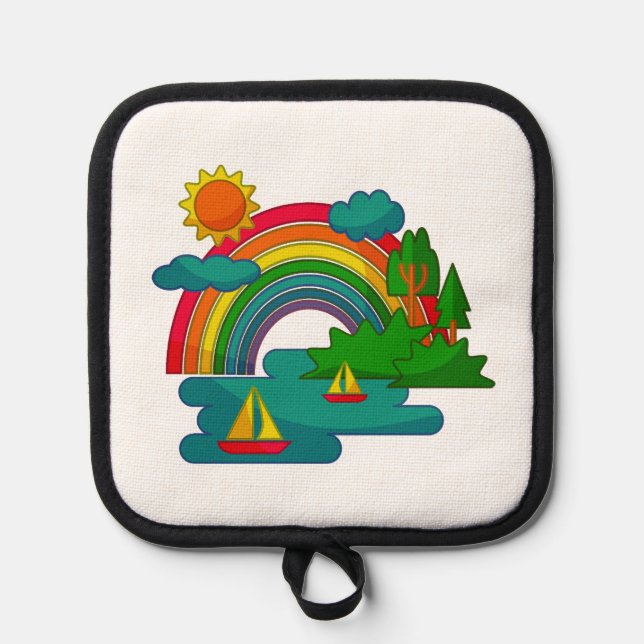 Boat travel landscape under sun clouds and rainbow pot holder (Front)