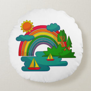 Boat travel landscape under sun clouds and rainbow round cushion