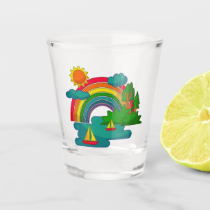 Boat travel landscape under sun clouds and rainbow shot glass
