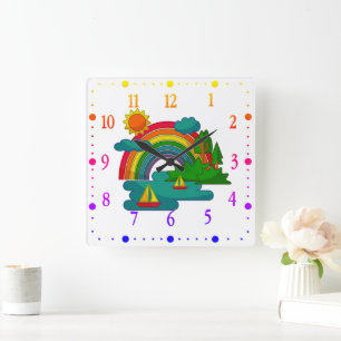 Boat travel landscape under sun clouds and rainbow square wall clock