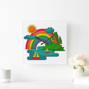 Boat travel landscape under sun clouds and rainbow square wall clock