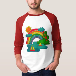 Boat travel landscape under sun clouds and rainbow T-Shirt
