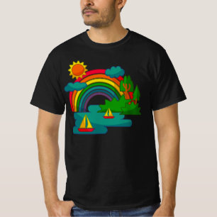 Boat travel landscape under sun clouds and rainbow T-Shirt