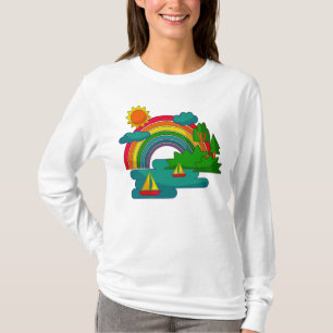 Boat travel landscape under sun clouds and rainbow T-Shirt