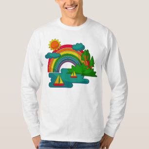 Boat travel landscape under sun clouds and rainbow T-Shirt