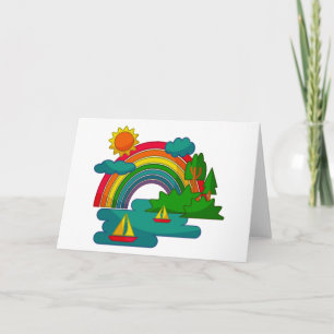 Boat travel landscape under sun clouds and rainbow thank you card