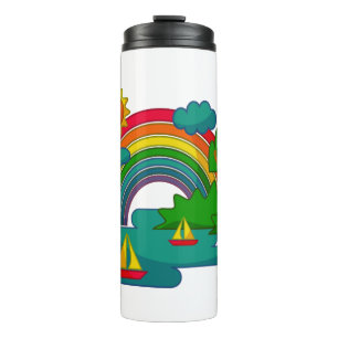Boat travel landscape under sun clouds and rainbow thermal tumbler
