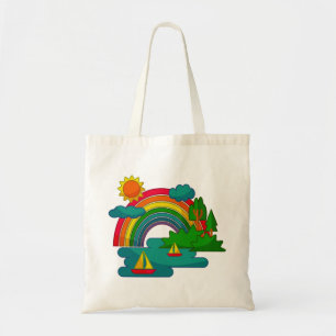 Boat travel landscape under sun clouds and rainbow tote bag