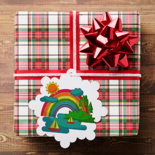 Boat travel landscape under sun clouds and rainbow tree decoration card