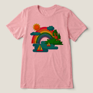 Boat travel landscape under sun clouds and rainbow Tri-Blend shirt