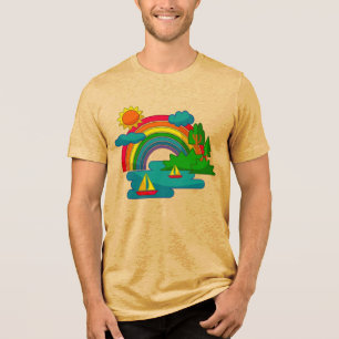 Boat travel landscape under sun clouds and rainbow Tri-Blend shirt