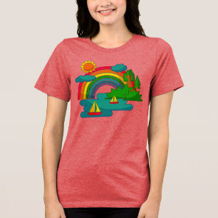 Boat travel landscape under sun clouds and rainbow Tri-Blend shirt