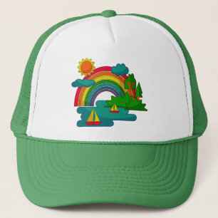 Boat travel landscape under sun clouds and rainbow trucker hat