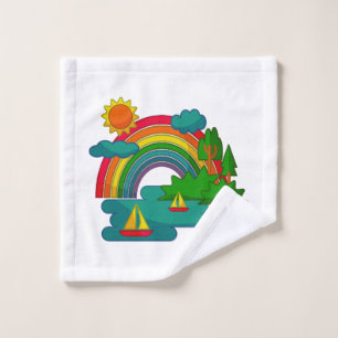 Boat travel landscape under sun clouds and rainbow wash cloth