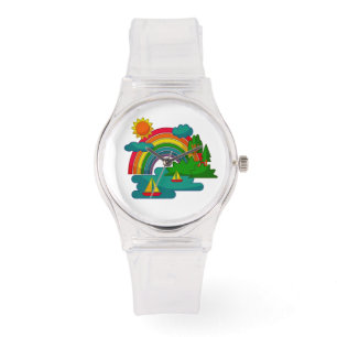 Boat travel landscape under sun clouds and rainbow watch