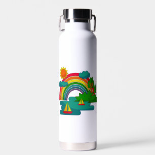 Boat travel landscape under sun clouds and rainbow water bottle