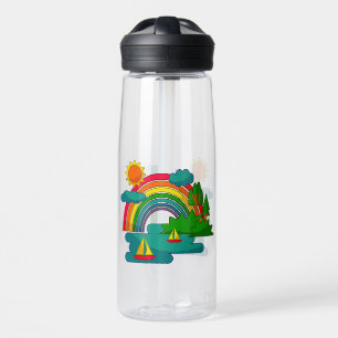 Boat travel landscape under sun clouds and rainbow water bottle