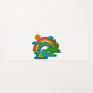 Boat travel landscape under sun clouds and rainbow yoga mat