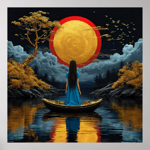 Boat Under Majestic Golden Sun Poster