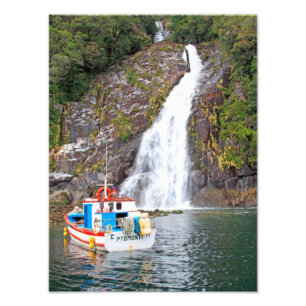 Boat & waterfall, Chile Photo Print