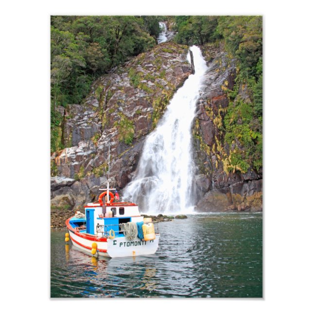 Boat & waterfall, Chile Photo Print (Front)