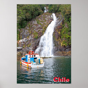 Boat & waterfall, Chile Poster