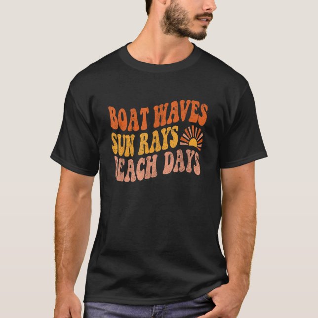 Boat Waves Sun Rays Beach Days Cute Retro Summer V T-Shirt (Front)