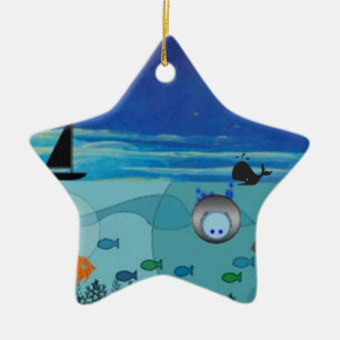 Boat, Whale, diver, fish ocean scene Ceramic Ornament