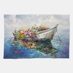 Boat with Colourful Wildflowers Tea Towel