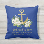 Boater Love Gold Floral Anchor Cushion<br><div class="desc">A romantic gold anchor with a heart at the top, nestled in a lush floral bouquet and "anchored in love" with personalised names and date make this pillow perfect for the boater couple or cruise wedding. Blue background colour can be changed to match your decor, and the romantic quote can...</div>