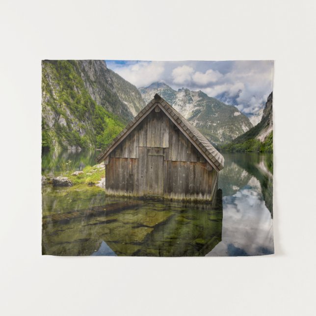 Boathouse in Obersee lake in Alps in Germany Tapestry (Front (Horizontal))