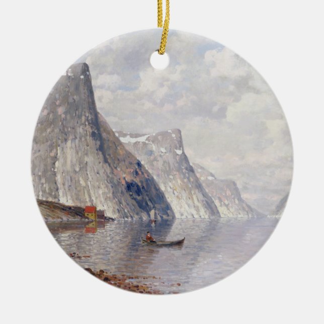Boating on a Norwegian Fjord (oil on canvas) Ceramic Ornament (Front)