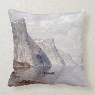 Boating on a Norwegian Fjord (oil on canvas) Cushion