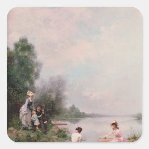 Boating on the River, 19th century Square Sticker